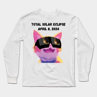 Total Solar Eclipse 2024 Grunge Cat-Black text Long Sleeve T-Shirt